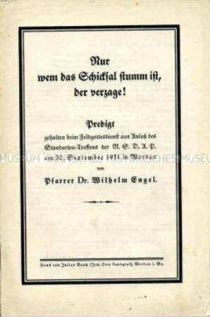 Flugschrift mit dem Text der Predigt des Gottesdienstes eines Standartentreffens der NSDAP