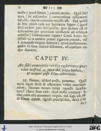 Caput IV. An sibi conceptis verbis reservare querelam inoffciosi, ac, salvâ illâ, petere legatum, et accipere possit Filius exheredatus.