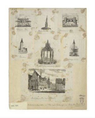 Sammelblatt mit 7 Gebäuden in Ulm. Um 1880. (Drucke aus einem Buch)
