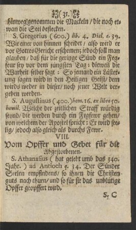 VIII. Vom Opffer und Gebet für die Abgestorbenen.