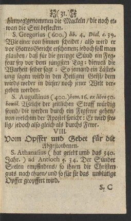 VIII. Vom Opffer und Gebet für die Abgestorbenen.