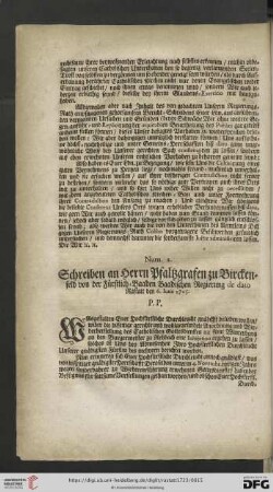 Num. 2. Schreiben an Herrn Pfaltzgrafen zu Birckenfeld von der Fürstlich-Baaden Baadischen Regierung de dato Rastatt den 6.Iunii 1715.