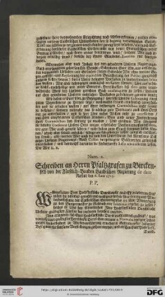 Num. 2. Schreiben an Herrn Pfaltzgrafen zu Birckenfeld von der Fürstlich-Baaden Baadischen Regierung de dato Rastatt den 6.Iunii 1715.