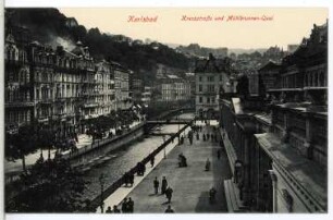 Karlsbad. Kreuzstraße und Mühlbrunn-Quai mit Mühlbrunn-Kolonnade gegen Stadthaus
