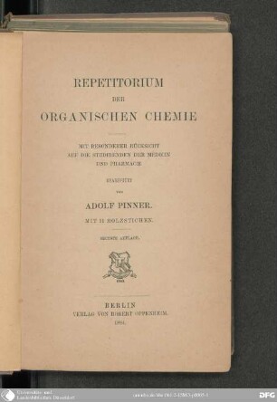 Repetitorium der organischen Chemie : mit besonderer Rücksicht auf d. Studirenden d. Medicin u. Pharmacie ; mit 11 Holzstichen