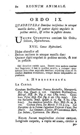 Ordo IX. Quadrupeda Dentibus incisoribus in utraque maxilla duobus, & quatuor digitis ungulatis in pedibus anticis, & tribus in posticis donata