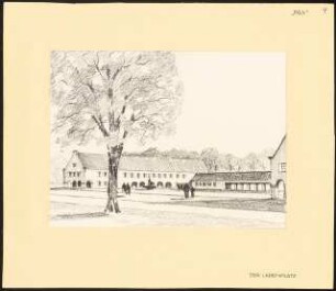Siedlung für Kriegsbeschädigte Schinkelwettbewerb 1945: Ladenplatz. Perspektivische Ansicht