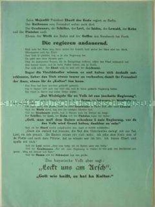 Antisemitisches Flugblatt aus Bayern mit Betonung des angeblichen Unterschiedes der "jüdischen Regierung" in Berlin und dem bayrischen Volk mit mundartlichen Ausführungen