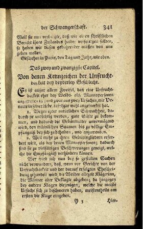 Das zwey und zwanzigste Capitel. Von denen Kennzeichen der Unfruchtbarkeit bey beyderley Geschlecht.