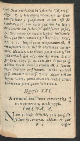 Quaestio XXI. An mundum Deus creaverit in momento, an successive?