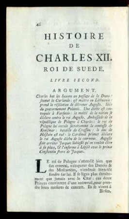 Histoire De Charles XII. Roi De Suede. Livre Second.
