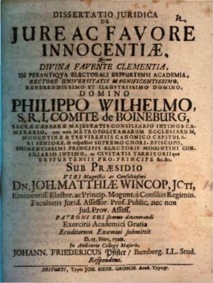 Dissertatio Juridica De Jure Ac Favore Innocentiae