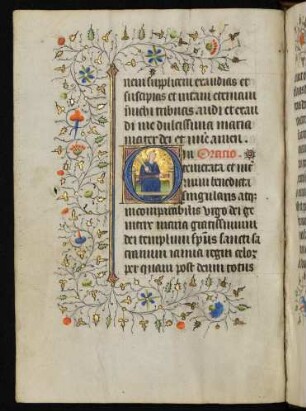 Initiale O, historisiert (Hortus conclusus), mit Fadenrankenbordüre
