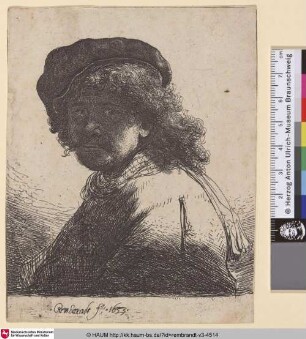 [Selbstbildnis mit Mütze, Schal und verschattetem Gesicht; Selbstbildnis mit der Schärpe; Self-Portrait in a Cap and Scarf with the Face Dark: Bust; Portrait de Rembrandt avec l'écharpe autour du cou]
