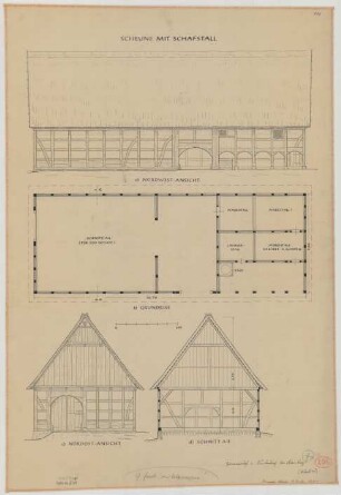 Westendorf (Kreis Iserlohn): Gößmannshof. - Scheune mit Schafstall (Grundriss, Ansichten). - [Haupthaus] (Schaubild)