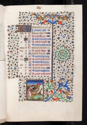 Kalenderseite Dezember; Monatsbild: Schweineschlachten; Bordüre
