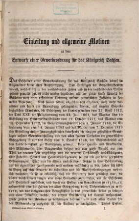 Entwurf einer Gewerbeordnung für das Königreich Sachsen : nebst dazu gehörigem Entschädigungsgesetz, Motiven und Beilagen