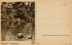 Postkartenalbum mit Motiven von Karlsruhe. "Karlsruhe - Stadtgarten". Stadtgartensee