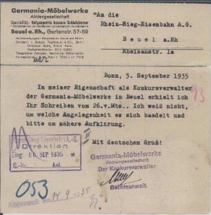 Postkarte des Konkursverwalters der Germania Möbelwerke, Beuel, an die RSE