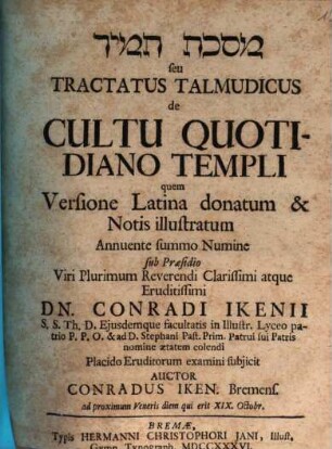 Massêkêt tāmīd seu Tractatus Talmudicus de Cultu Quotidiano Templi