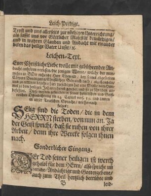 Leichen-Text. [...] Offenbahrung im 14. Capitel vers 13. und lauten in unser Teutschen Sprache/ wie hernach folget: