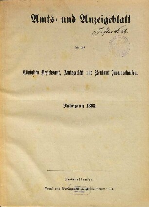 Amts- und Anzeigeblatt für das Königliche Bezirksamt Zusmarshausen. 1893