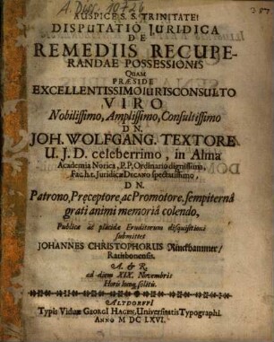 Disputatio Juridica De Remediis Recuperandae Possessionis