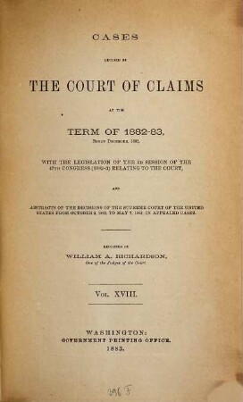 Cases decided in the United States Court of Claims. 18. 1882/83. - 1883