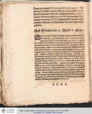 Auß Stettin den 16. Aprill 6. May.