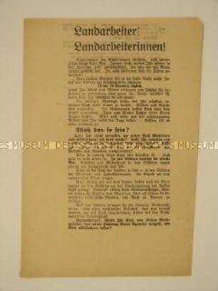 Agitationsflugblatt der Kommunistischen Partei Deutschlands an die Landarbeiter und Landarbeiterinnen zur Bildung proletarischer Abwehrformationen gegen Großagrarier