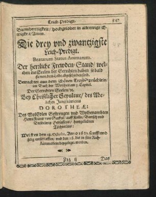 Die drey und zwantzigste Leich-Predigt. Beatarum Status Animarum.