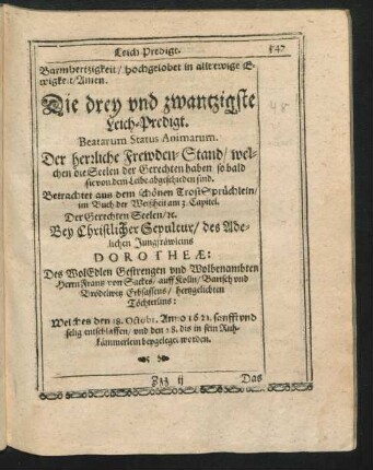 Die drey und zwantzigste Leich-Predigt. Beatarum Status Animarum.