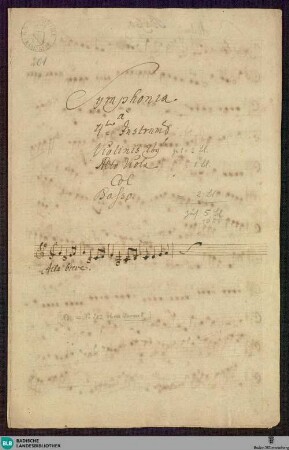 Symphonies - Mus. Hs. 201 : vl (2), a-vla, vlc; G; WolS 1 G8 MenH 4.30