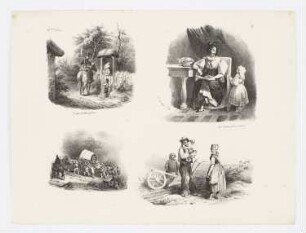 Berittener Fahnenträger im Gespräch, lesende Mutter mit Kind, Heereszug, Familie bei der Feldarbeit, Blatt 3 der Folge "Deuxième série de Croquis de 1829"