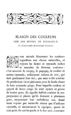 Blason Des Couleurs Sur Les Bestes Et Oyseaulx Et D'Aulcunes Mutations D'Icelles