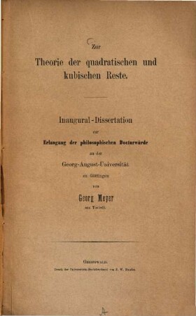 Zur Theorie der quadratischen und kubischen Reste : Inaug.-Diss. d. Univ. Göttingen