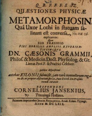 Quaestiones Physicae Metamorphosin, Qua Uxor Lothi in statuam salinam est conversa, explicantes