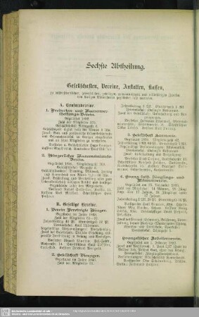 Sechste Abtheilung. Gesellschaften, Vereine, Anstalten, Kassen