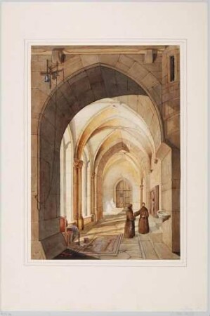 Blick in den Kreuzgang im Dom zu Meißen (1490/91 gebaut) mit zwei Mönchen