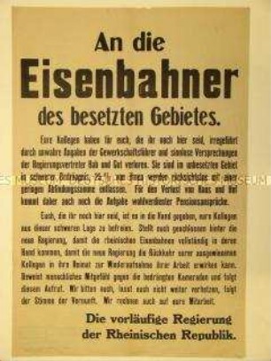 Aufruf rheinischer Separatisten an die Eisenbahner der besetzten Gebiete zur Beendigung des Streiks