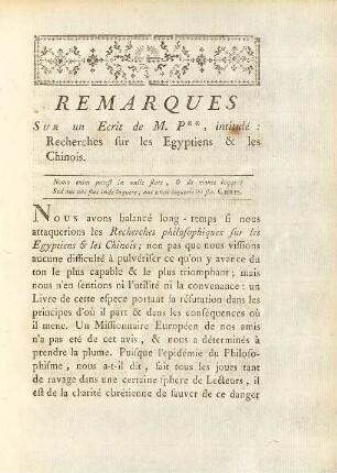 Remarques sur en ecrit de M. P**, intidé : recherches sur les Egyptiens & les Chinois