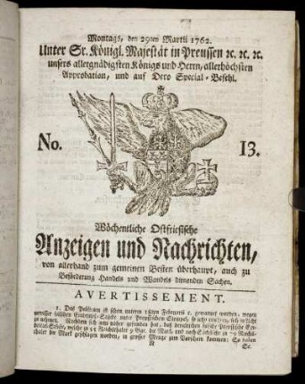 No. 13. Montags, den 29ten Martii 1762.