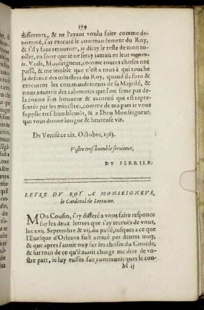 Lettre Du Roy à Monsieur le Cardinal de Lorraine
