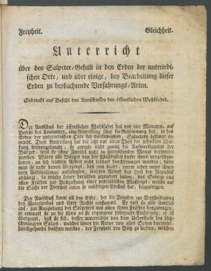 Unterricht über den Salpeter-Gehalt in den Erden der unterirdischen Orte, und über einige, bey Bearbeitung dieser Erden zu beobachtende Verfahrungs-Arten
