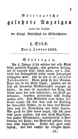 Göttingische gelehrte Anzeigen unter der Aufsicht der königl. Gesellschaft der Wissenschaften. 1. Stück. Den 1. Januar 1839. [-] 104. Stück. Den 29. Junius 1839.