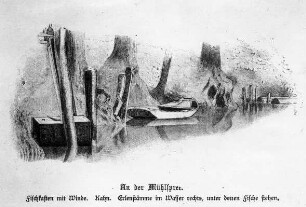 Fischerei im Spreewald : Handwerkstechniken - Fischerei. Ort: Bórkowy / Burg-Spreewald. An der Mühlspree. Fischkasten mit Winde. Kahn. Erlenstämme im Wasser rechts, unter denen Fische stehen.