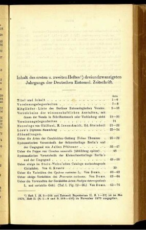 Inhalt des ersten u. zweiten Heftes dreiundzwanzigsten Jahrgangs der Deutschen Entomol. Zeitschrift