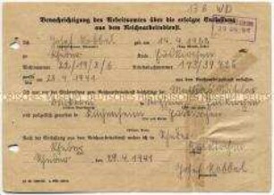 Mitteilung an das Arbeitsamt über die Entlassung aus dem Reichsarbeitsdienst - Personenkonvolut