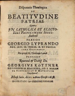 Disputatio theologica de beatitudine patriae