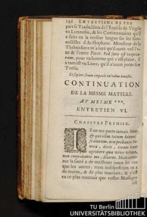 Et sapiens finem imponit vel rebus honestis. Continuation De La Mesme Matiere. Av Mesme ***. Entretien VI.